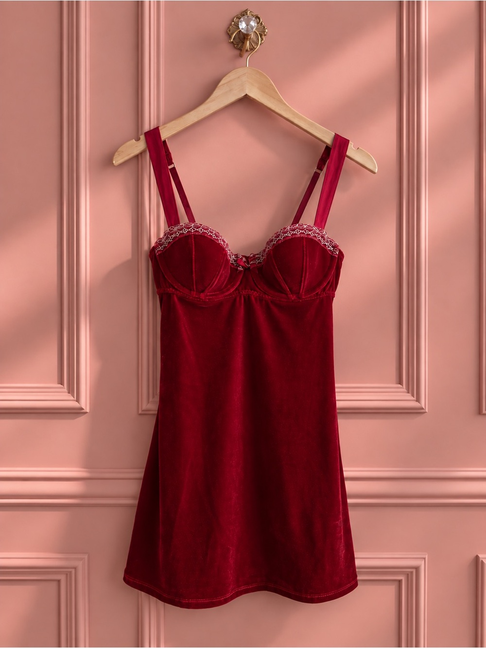 Y2K Jacob Red Velvet Babydoll Top with Lace Trim